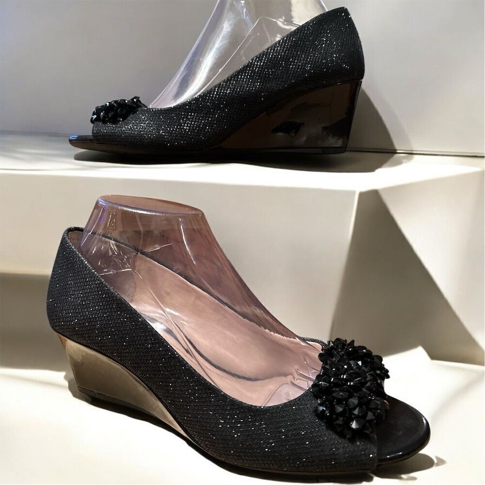 Elegant Black Peep-Toe Wedge Pumps With Embellished Toe